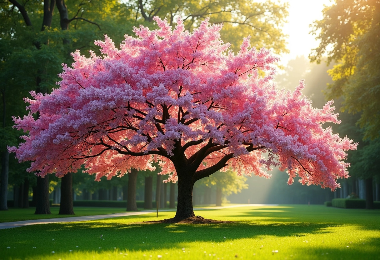 arbre fleurs roses